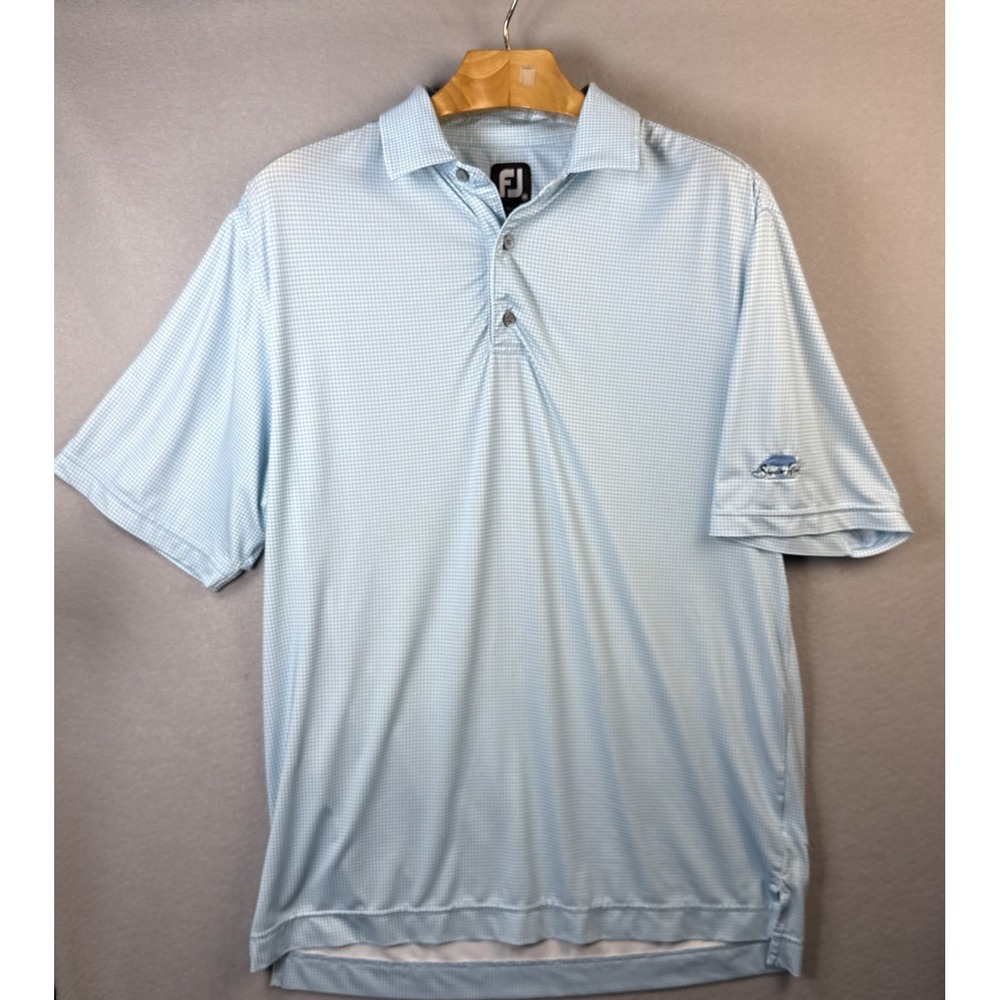 FJ Foot Joy Polo Shirt Mens Medium Blue Houndstooth Performance Golf Shadow Wood